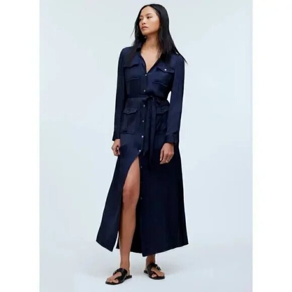 Madewell Button-Front Utility Shirtdress Size Small Satin Deep Indigo Blue Midi - Picture 1 of 15